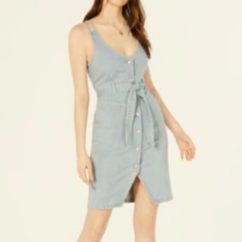 OAT dress, jumper style, spaghetti straps , belted, sheath cut. M, denim stripe - Picture 1 of 9